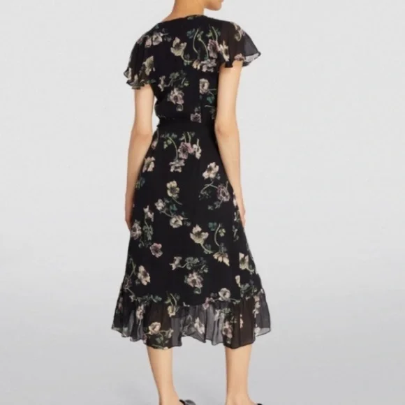 Paige Dress Palisades Faux Wrap Midi in Ruffle Black Floral - Picture 5 of 9